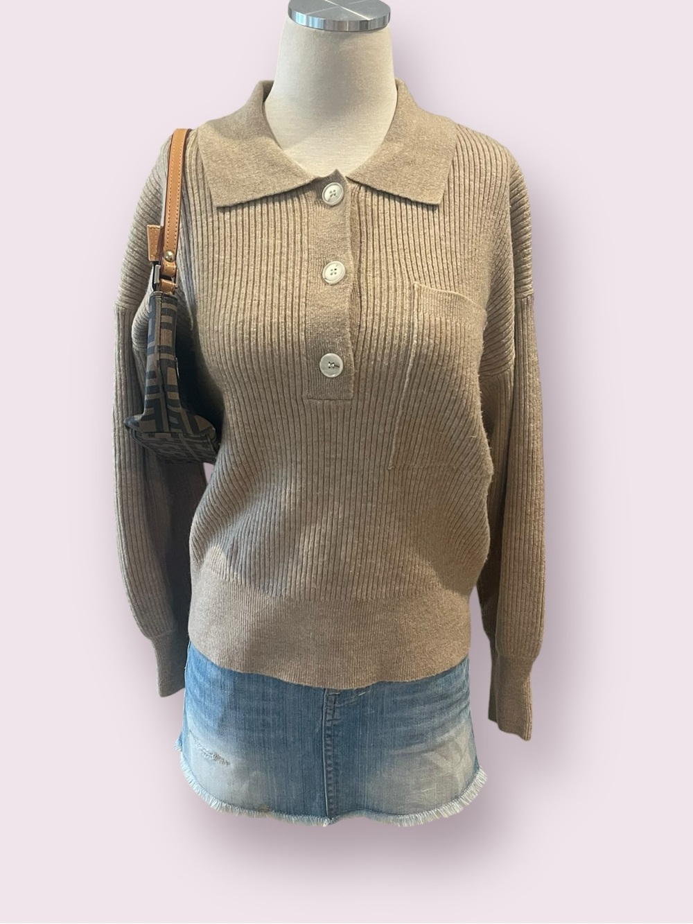 Mable Tan Ribbed Polo-Neck Button Sweater